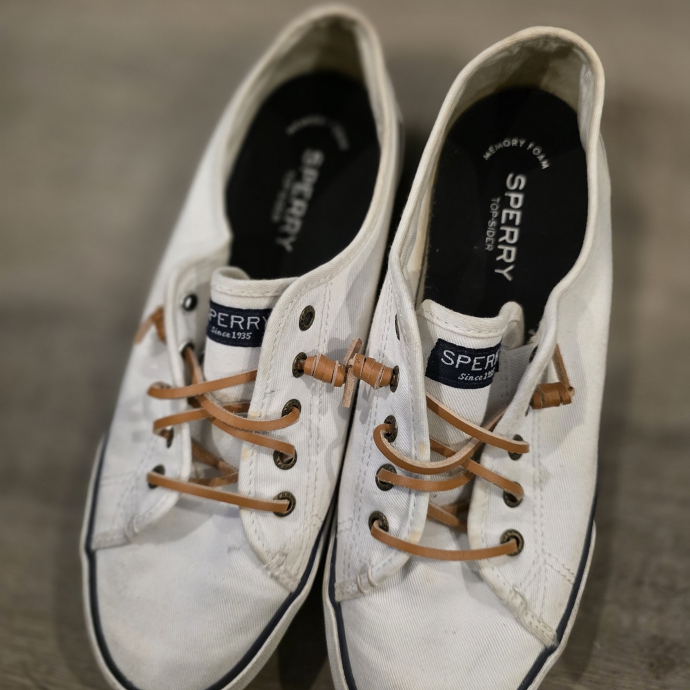Sperry White Canvas Sneakers with Tan Laces